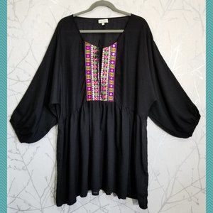 Velzera Black Boho Embroidered Tie Front Tunic